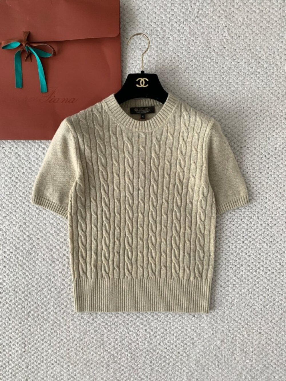 Loro Piana Baby Cashmere Cable Knit Short Sleeve Sweater Beige